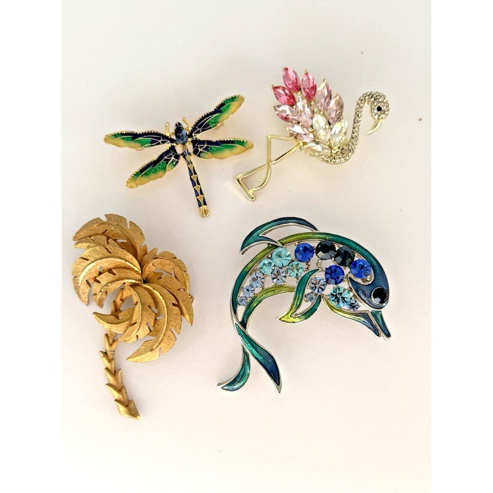 Brooch Lot 4 pcs Dolphin Flamingo Dragonfly Palm Rhinestone Enamel Gold Tone Mix